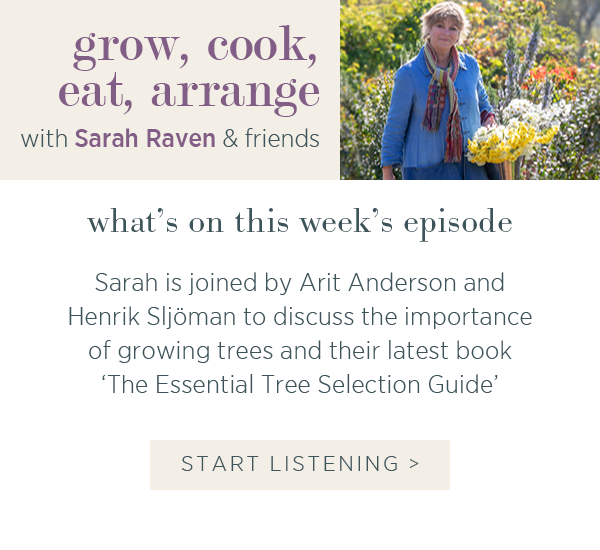 Grow, cook, eat, arrange with Sarah Raven & friends. What's on this week's episode. Sarah is joined by Arit Anderson and Henrik Sljoman to discuss the importance of growing trees and their latest book 'The Essential Tree Selection Guide'. Start Listening >