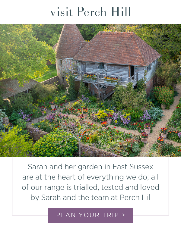 Visit Perch Hill! Sarah and her garden in East Sussex are at the heart of everything we do; all of our range is trialled, tested and loved by Sarah and the team at Perch Hill. Plan your trip >