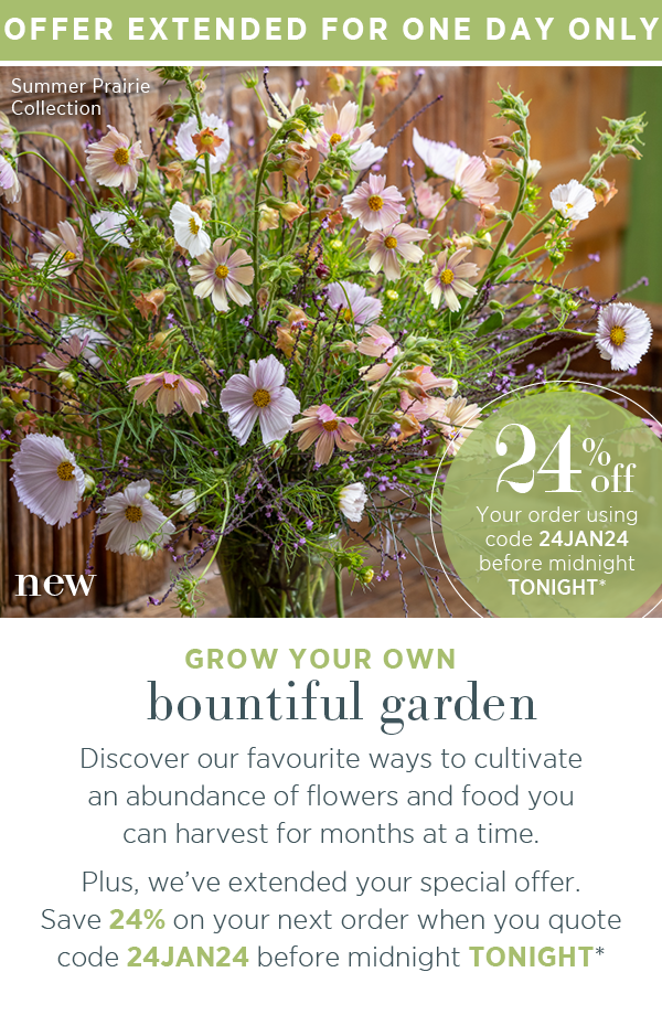 New - Summer Prairie Collection. Offer extended for one day only. 24% off your order using code 24JAN24 before midnight TONIGHT*. Grow your own bountiful garden. Discover our favourite ways to cultivate an abundance of flowers and food you can harvest for months at a time. Plus, we've extended your special offer. Save 24% on your next order when you quote code 24JAN24 before midnight TONIGHT*.