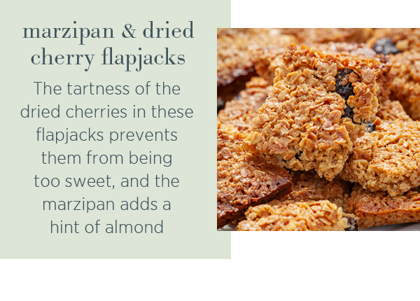 Marzipan & dried cherry flapjacks. The tartness of the dried cherries in these flapjacks prevents them from being too sweet, and the marzipan adds a hint of almond. 