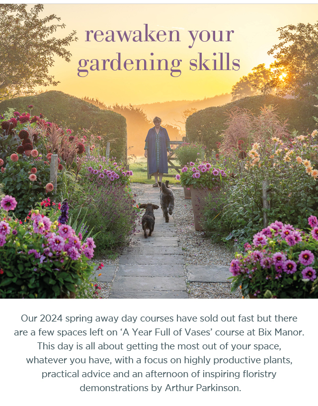 Reawaken your gardening skills. Our 2024 spring away day courses have sold out fast but there are a few spaces left on 'A Year Full of Vases' course at Bix Manor. This day is all about getting the most out of your space, whatever you have, with a focus on highly productive plants, practical advice and an afternoon of inspiring floristry demonstrations by Arthur Parkinson. 