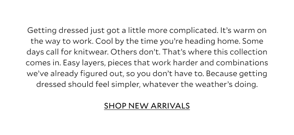 Getting dressed just got a little more complicated. It's warm on the way to work. Cool by the time you're heading home. Some days call for knitwear. Others don't. That's where this collection comes in. Easy layers, pieces that work harder and combinations we've already figured out, so you don't have to. Because getting dressed should feel simpler, whatever the weather's doing. SHOP NEW ARRIVALS