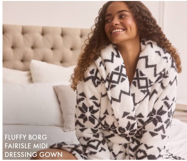 Fluffy borg fairisle midi dressing gown