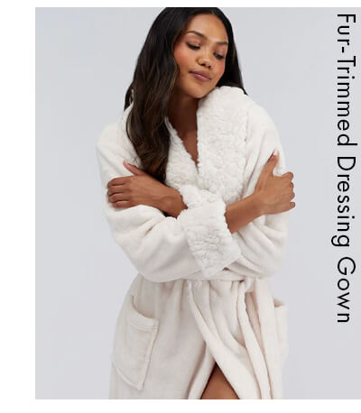Fur-trimmed long dressing gown