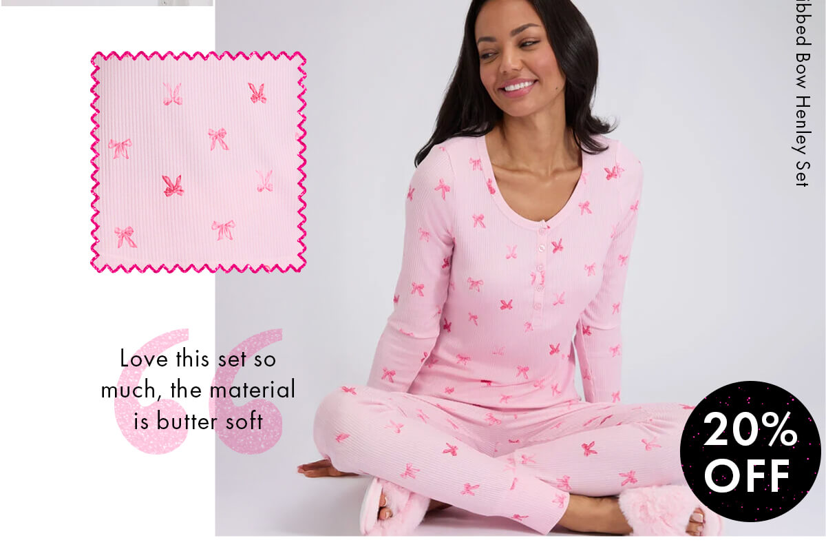 Ribbed bow henley pyjama set 