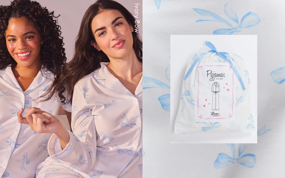 Bow print pyjamas in a bag