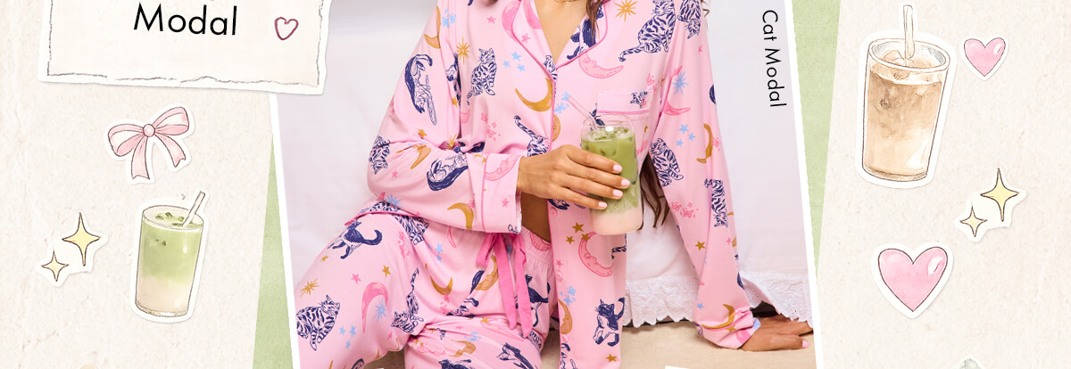 Cat & moon modal long pyjama set