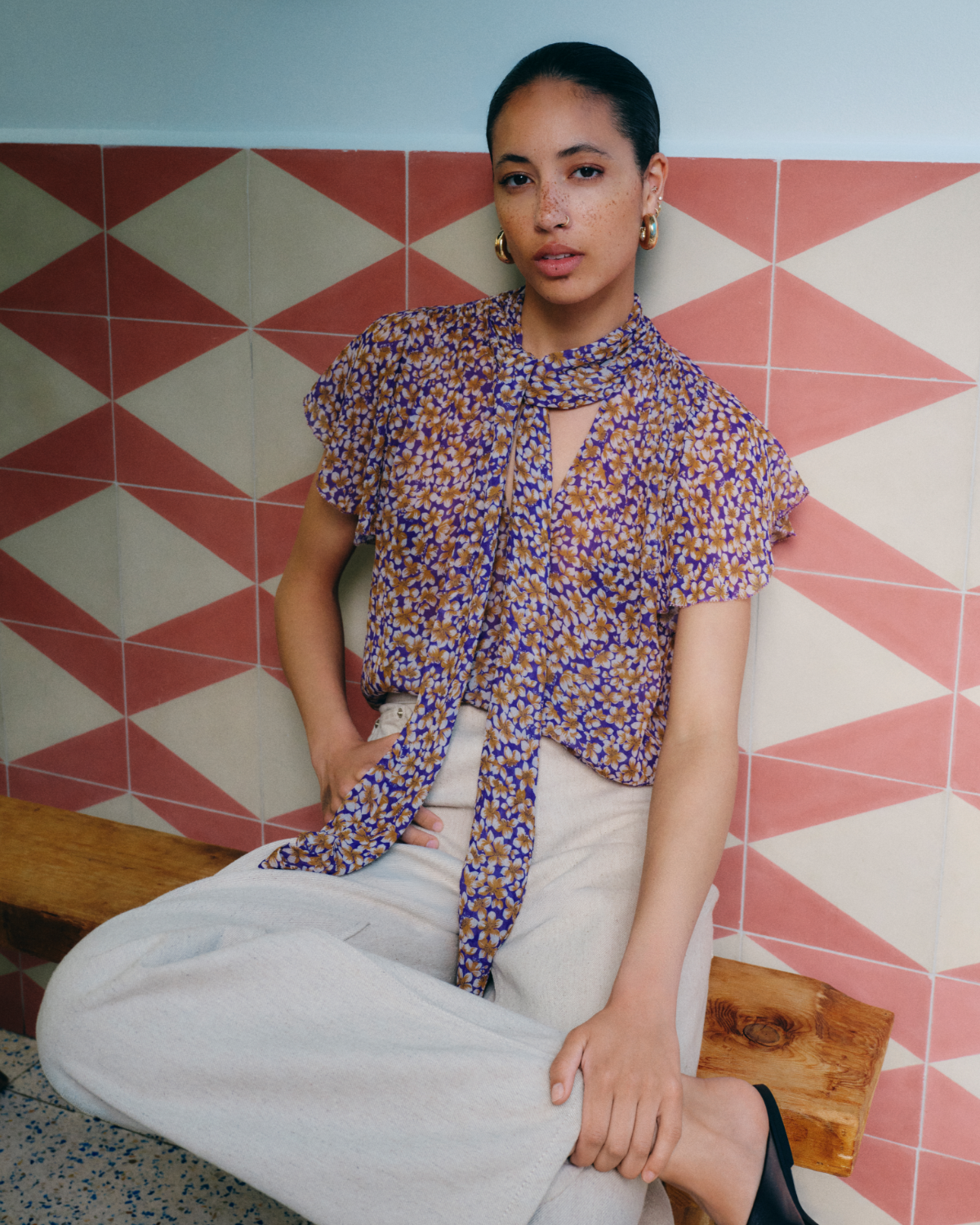 Ditsy Tie Detail Top