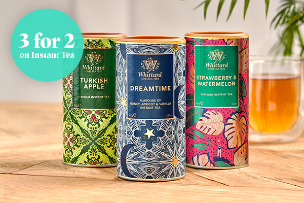 Teal 3 for 2 on instant tea sticker overlays image of Turkish Apple, Dreamtime and Strawberry Watermelon Instant Teas