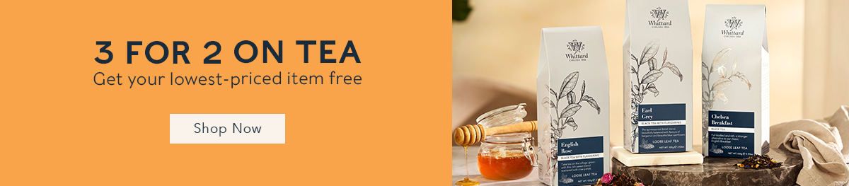 banner with '3 for 2 on tea. get your lowest priced item free' with shop now cta and tea pouches