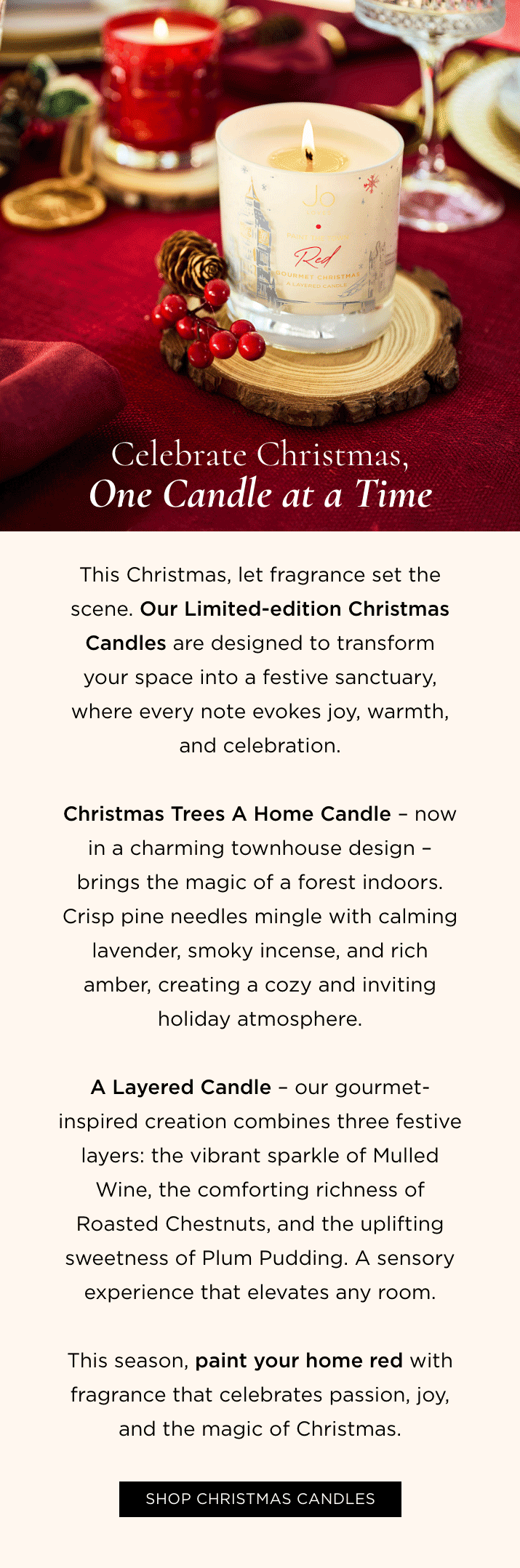 This Christmas, let fragrance set the scene. Our limited-edition Christmas Candles are designed to transform your space into a festive sanctuary, where every note evokes joy, warmth, and celebration.