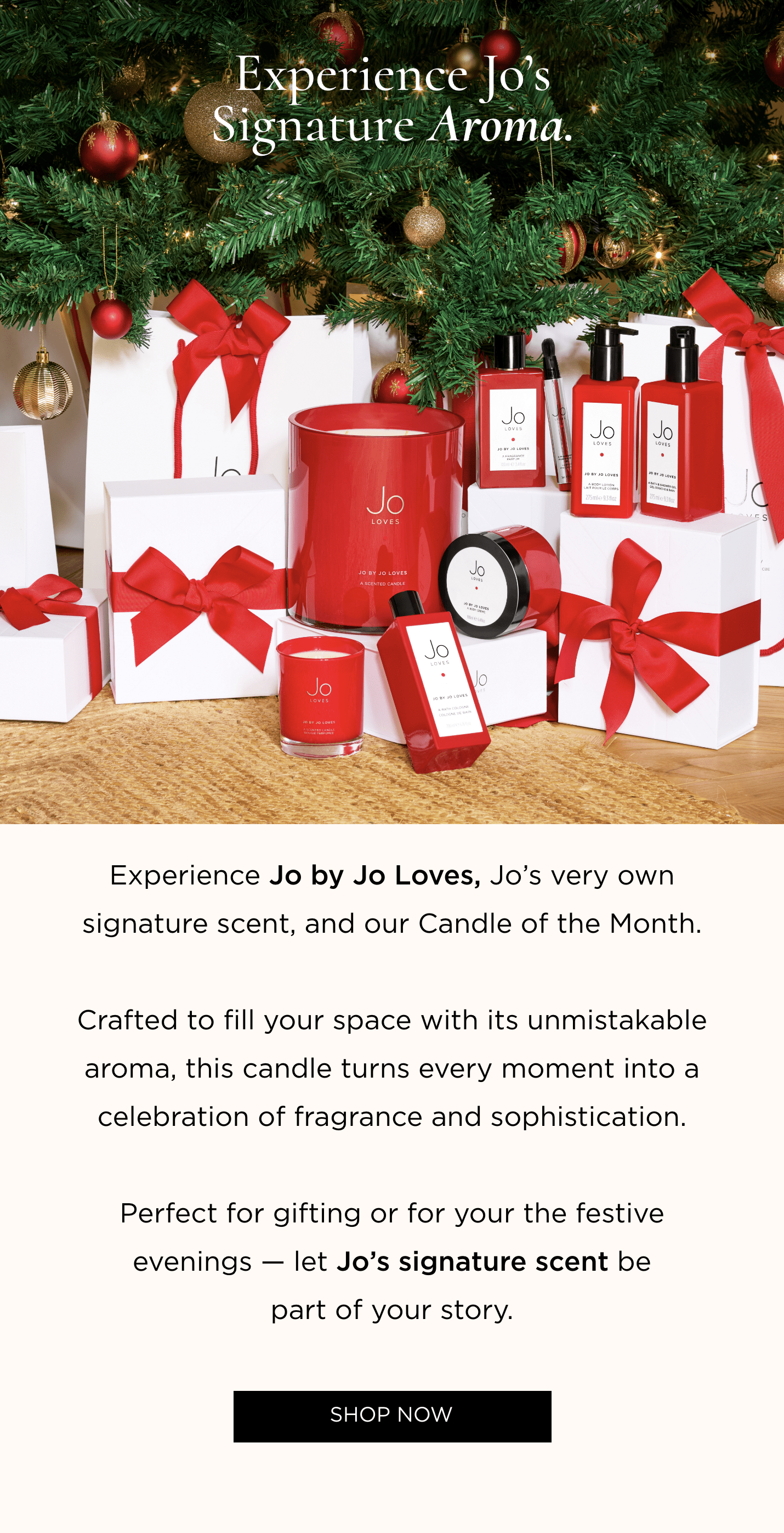 Experience Jo's Signature Aroma Experience Jo by Jo Loves, Jo's very own signature scent, and our Candle of the Month. Crafted to fill your space with its unmistakable aroma, this candle turns every moment into a celebration of fragrance and sophistication. Perfect for gifting or for your the festive evenings - let Jo's signature scent be part of your story.