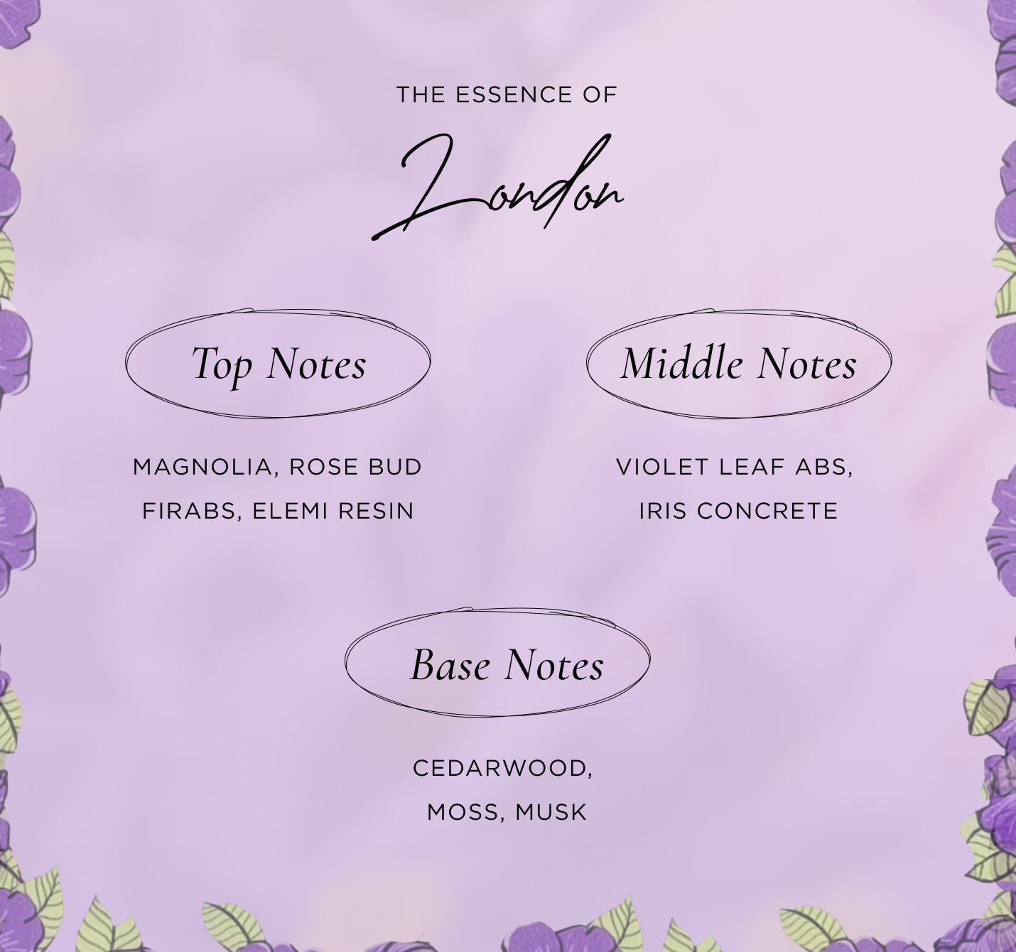 The Essence of London Top: Magnolia, Rose Bud Firabs, Elemi Resin Middle: Violet Leaf Abs, Iris Concrete Base: Cedarwood, Moss, Musk