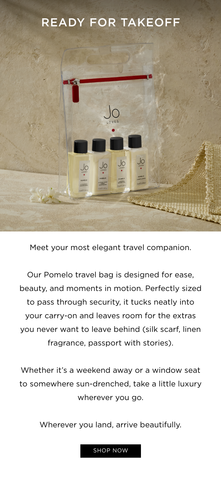 Meet your most elegant travel companion. Our Pomelo travel bag is designed for ease, beauty, and moments in motion. Perfectly sized to pass through security, it tucks neatly into your carry-on and leaves room for the extras you never want to leave behind (silk scarf, linen fragrance, passport with stories). Whether it's a weekend away or a window seat to somewhere sun-drenched, take a little luxury wherever you go. 