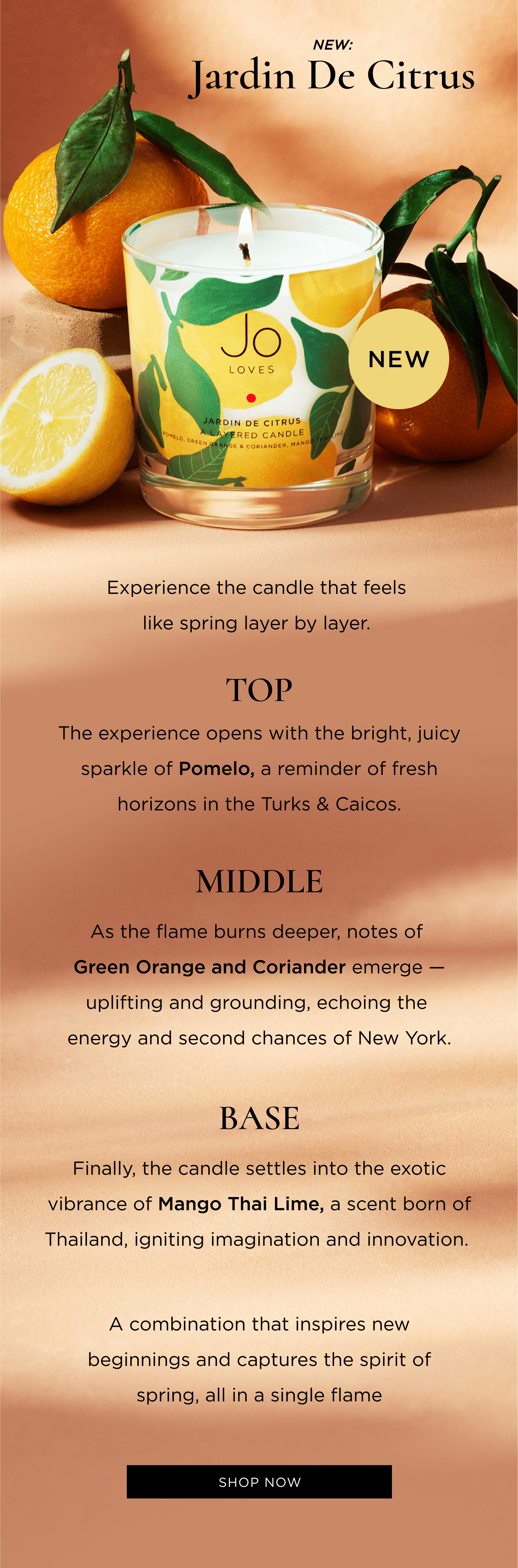 Zesty, refreshing, and brimming with hope and renewal. Experience the candle that feels like spring layer by layer.  Top The experience opens with the bright, juicy sparkle of Pomelo, a reminder of fresh horizons in the Turks & Caicos. Middle As the flame burns deeper, notes of Green Orange and Coriander emerge-uplifting and grounding, echoing the energy and second chances of New York. Base Finally, the candle settles into the exotic vibrance of Mango Thai Lime, a scent born of Thailand, igniting imagination and innovation.  A combination that inspires new beginnings and captures the spirit of spring, all in a single flame