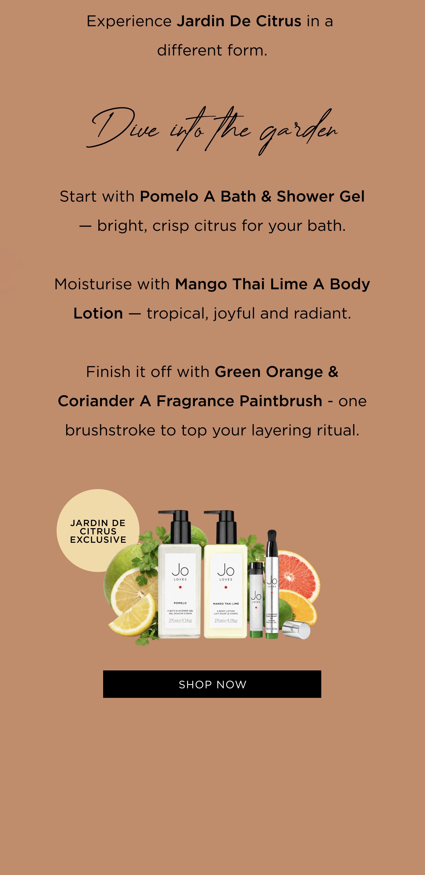 Experience Jardin De Citrus in a different form Start with Pomelo A Bath & Shower Gel - bright, crisp citrus for your bath. Moisturise with Mango Thai Lime A Body Lotion - tropical, joyful and radiant. Finish it off with Green Orange & Coriander A Fragrance Paintbrush - one brushstroke to top your layering ritual. Shop now. 