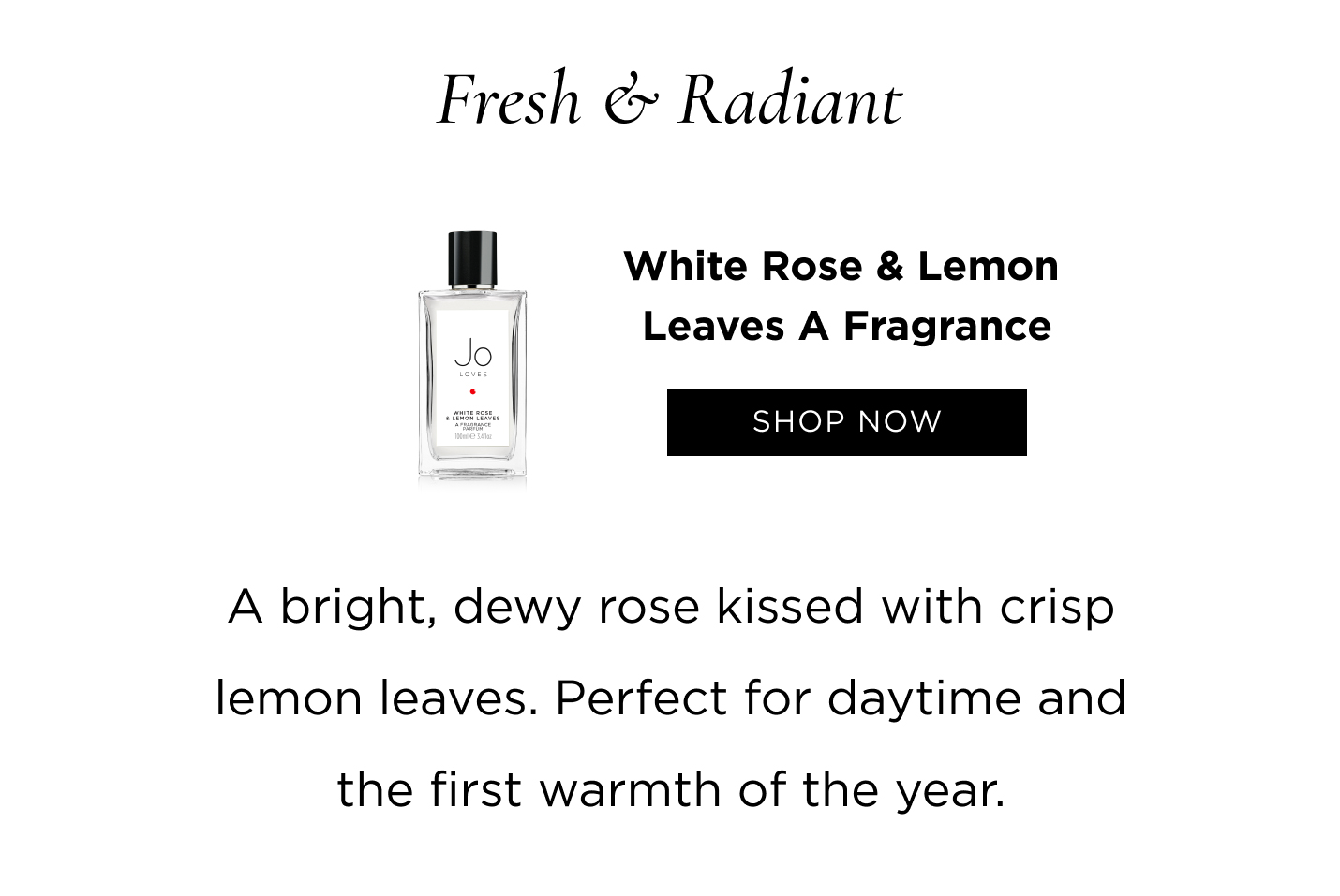 Fresh & Radiant White Rose & Lemon Leaves A bright, dewy rose kissed with crisp lemon leaves. Perfect for daytime and the first warmth of the year.
