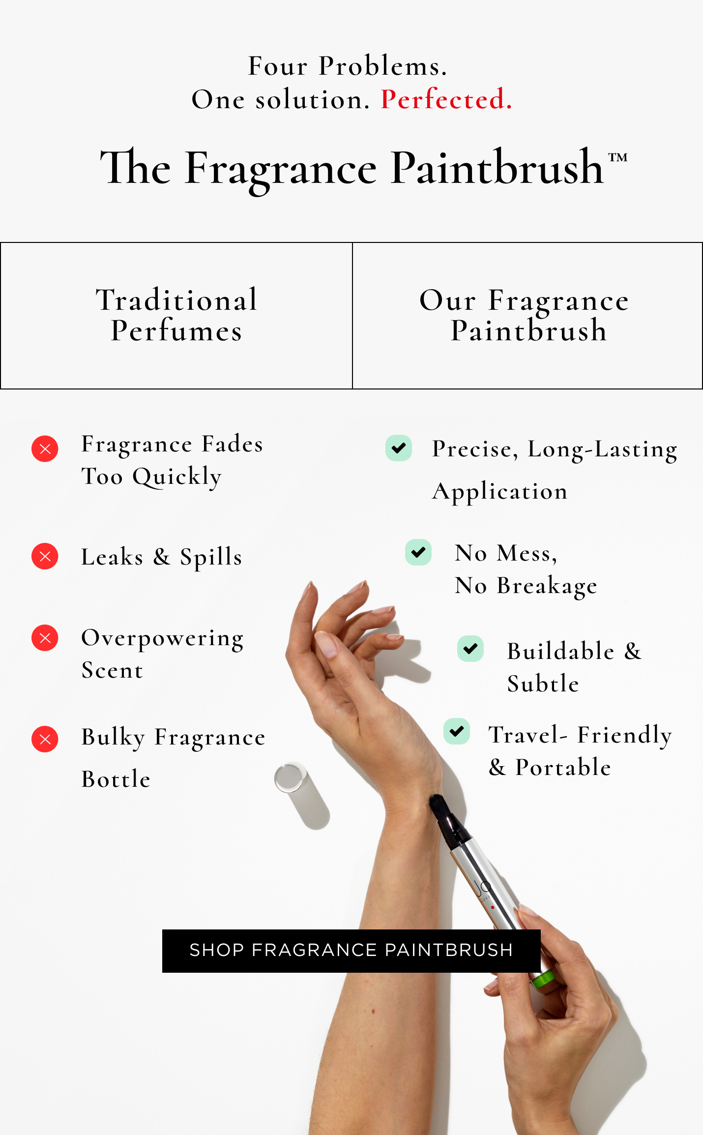 Fragrance Fades Too Quickly Precise, Long-Lasting Application Leaks & Spills No Mess. No Breakage Overpowering Scent   Buildable & Subtle Fragrance On-the-Go Travel- Friendly & Portable Fragrance that fits your life.