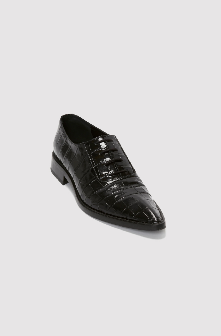 Pointy Toe Flat Lace Up In Black Croc-Effect Leather