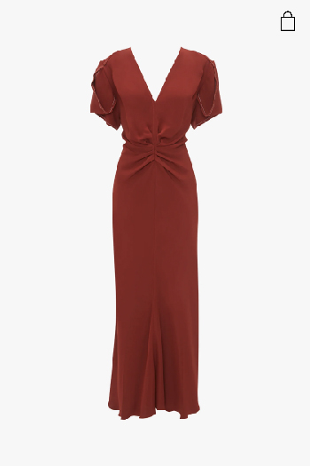 Dark orange v-neck gathered waist midi dress