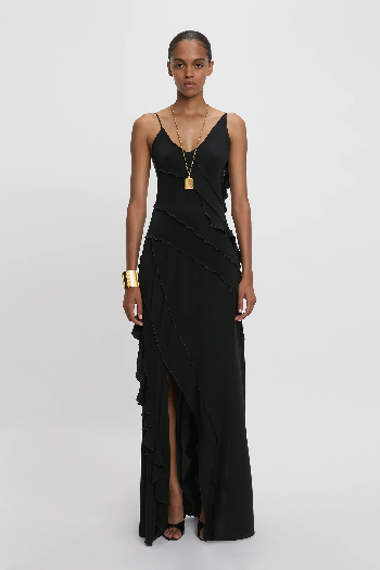 Black strappy frilled maxi dress 