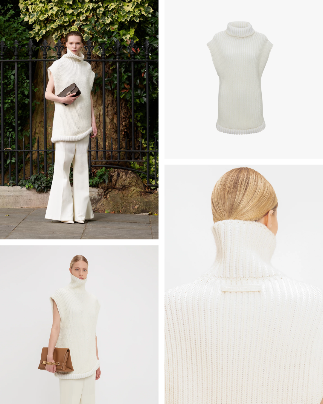 Women in white high neck sleeveless jumper with brown bag