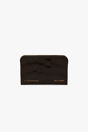 Card Holder In Espresso Croc Embossed Leather
