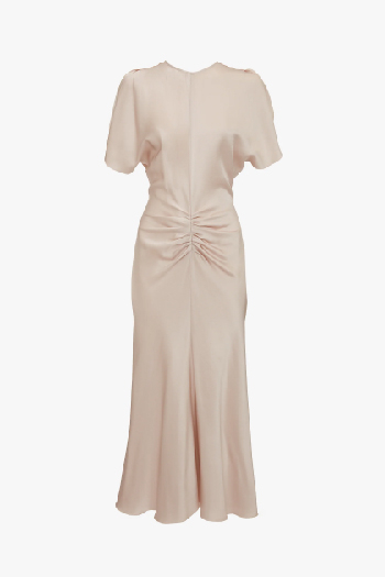 Pink gathered waist midi dress 