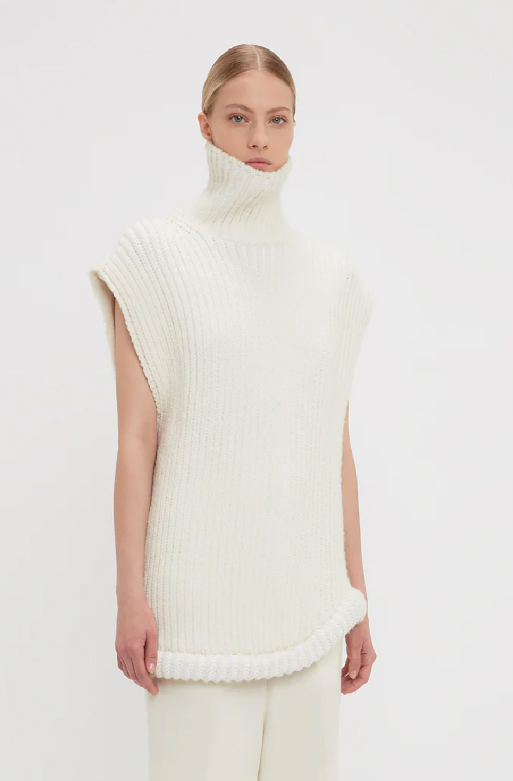 Sleeveless High Neck Knit Jumper In Ivory