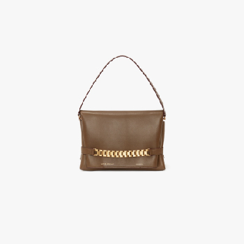 Khaki leather shoulder bag with gold detail