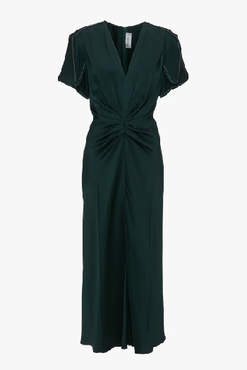 Dark green v-neck gathered midi dress 
