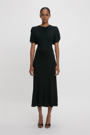 Black midi gathered waist dress