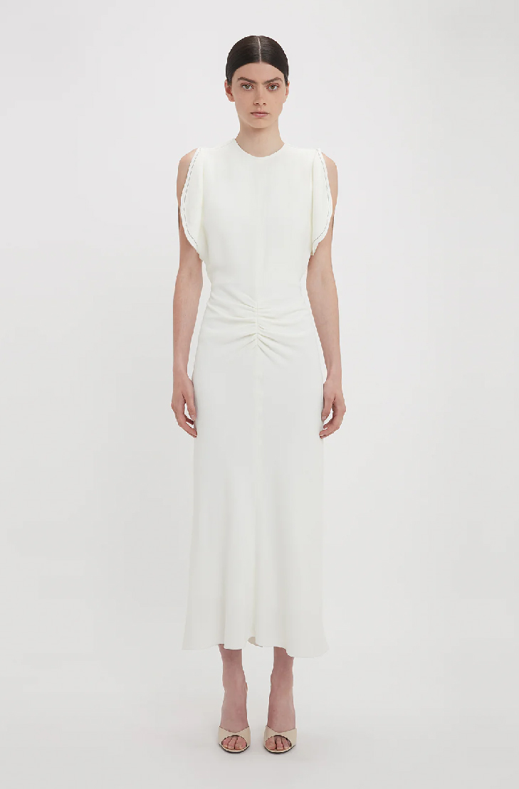 Exclusive Gathered Waist Midi Dress In Ivory