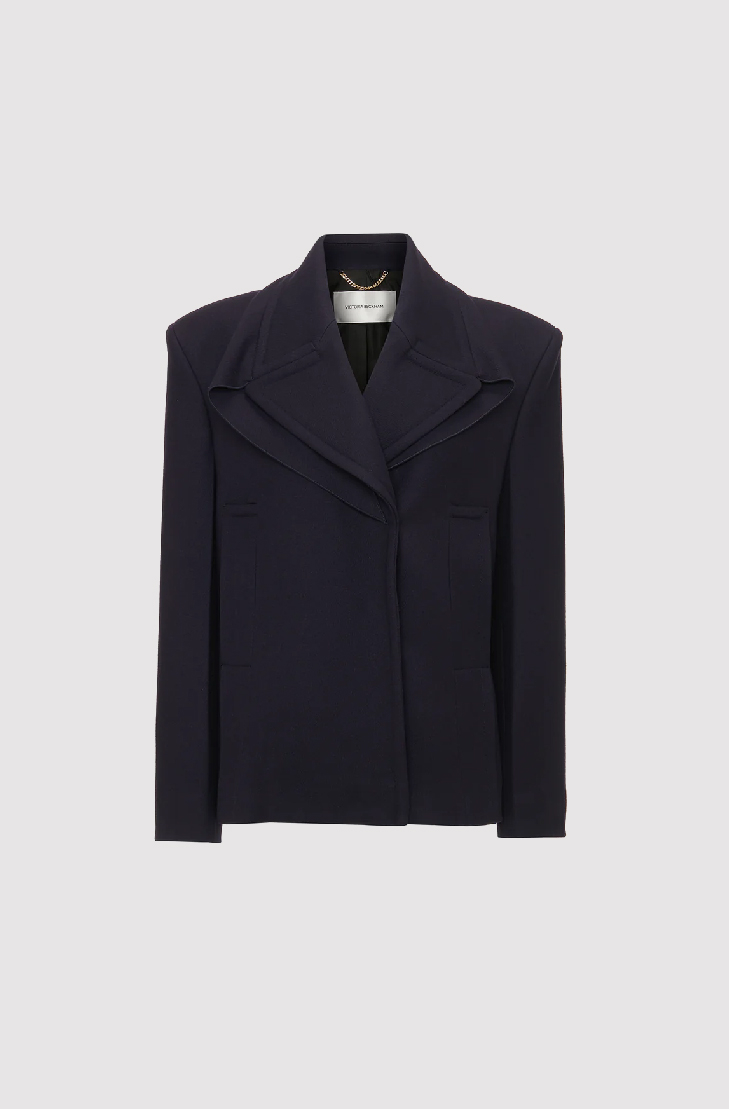Pointed Shoulder Pea Coat In Ink Blue