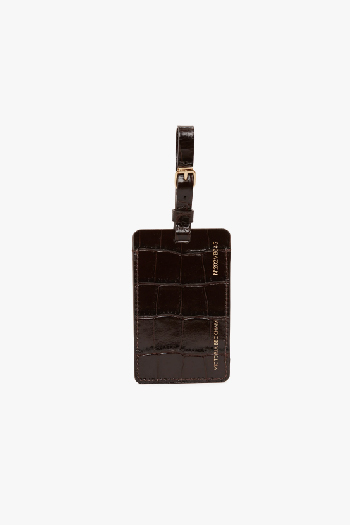 Luggage Tag In Espresso Croc Embossed Leather
