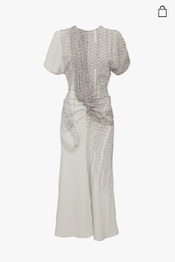 Grey gathered waist midi dress with chain pattern