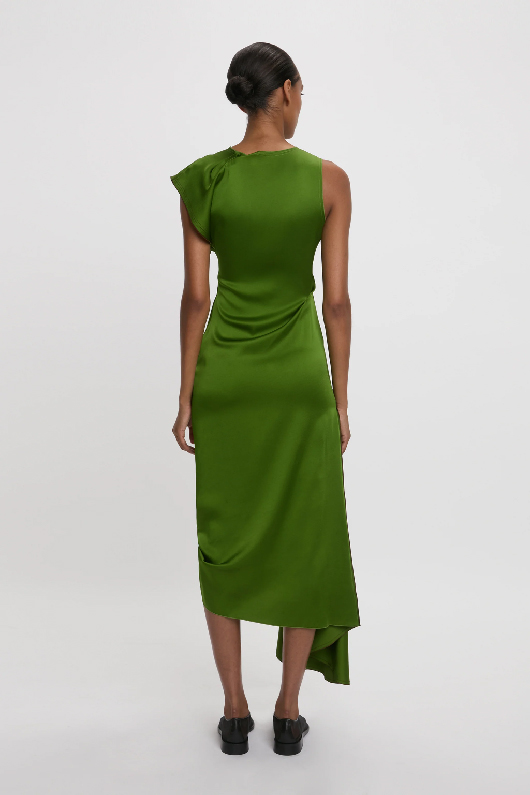 Women in green pleat detail midi dress