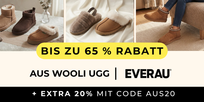 Bis zu 65 % Rabatt auf Aus Wooli UGG & EVERAU – plus 20 % extra mit Code AUS20