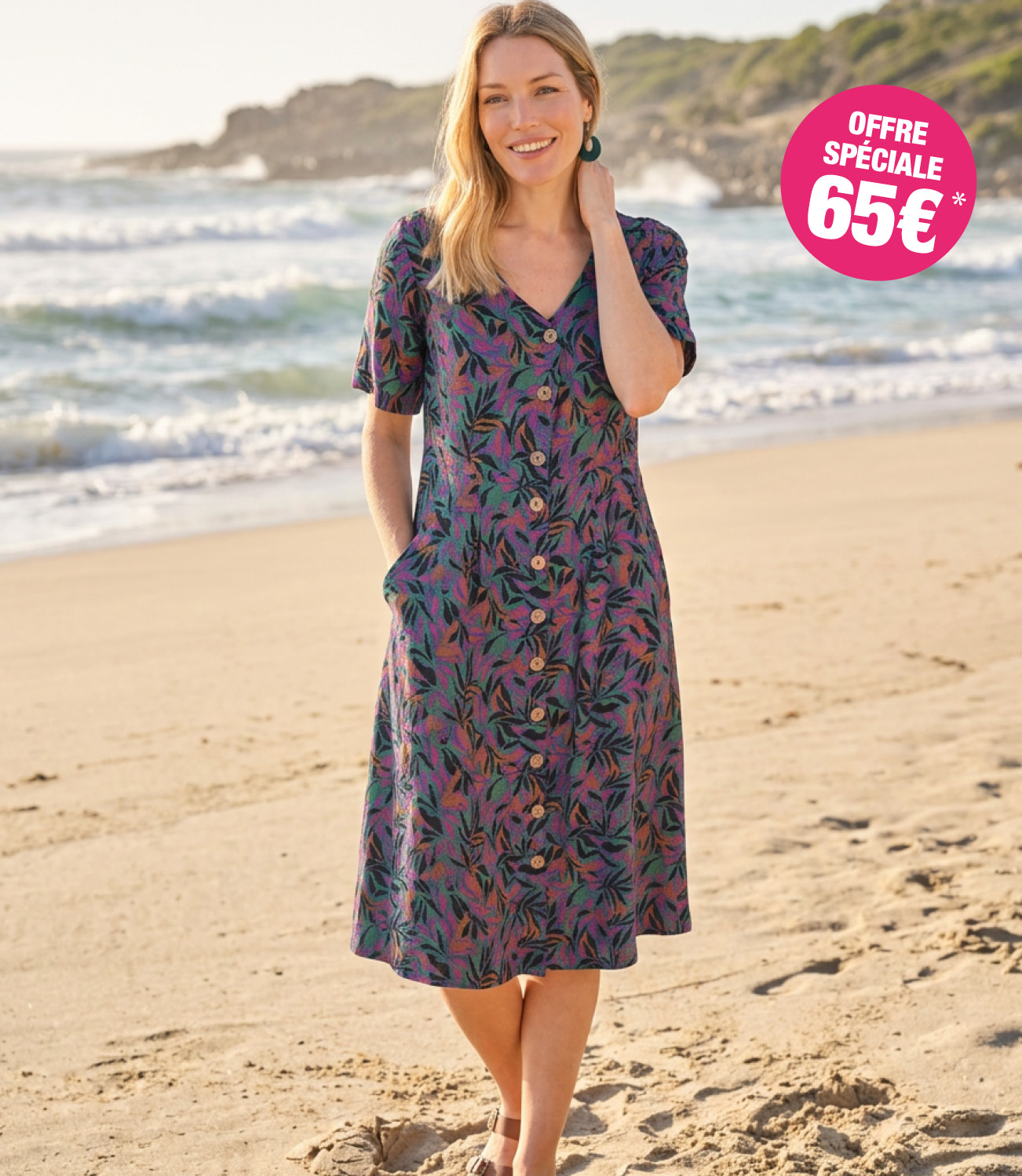 Robe boutonnée en lin à col en V - Femme