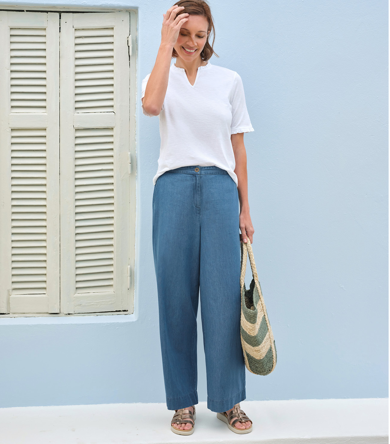 Chambray-Hose mit weitem Bein