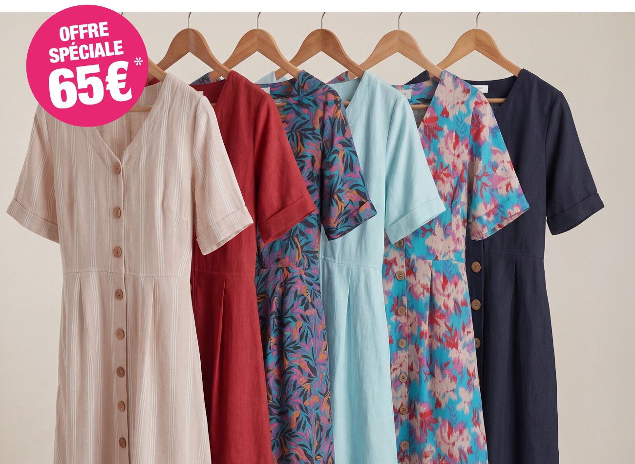 Robe boutonnée en lin à col en V - Femme