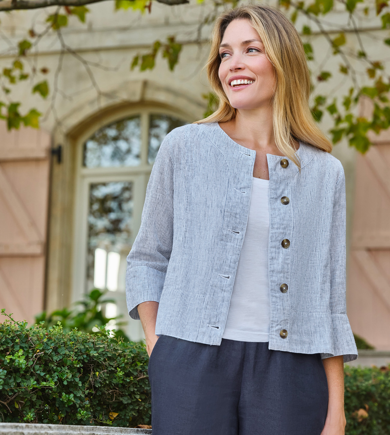 Veste légère sans col en mélange de lin - Femme - 53 % lin, 47 % coton