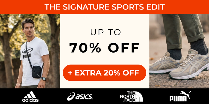 Up to 70% off selected brands +EXTRA 20% OFF CODE: SAVE20 The North Face, Puma, Asics, adidas