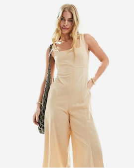 ASOS DESIGN linen tie back cropped jumpsuit in stone-Neutral