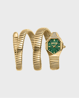Just Cavalli Snake Watch, Gold Color Case, Dark Green Dial, Gold Color Stainless Steel Bracelet