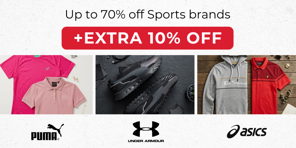 UP TO 70% OFF SPORTS BRANDS +EXTRA 10% OFF PUMA, ASICS & UNDER ARMOUR
