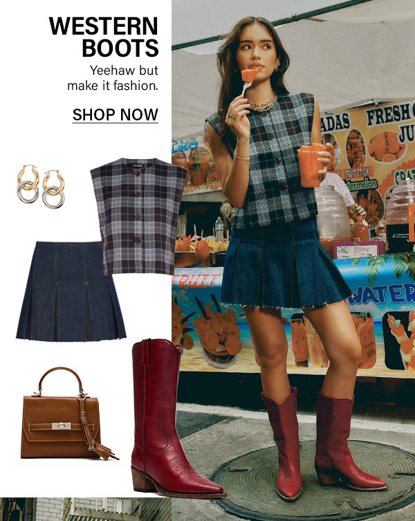 Western Boots - Two-tone Hoop Earrings, alessa top, Joan skirt, ELLOISE bag, albany boot