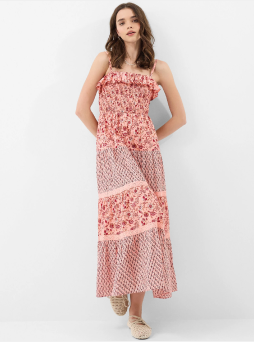 Mix Floral Print Smocked Maxi Dress Pink
