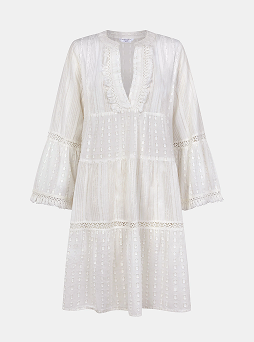Flute Sleeve Tassel Tiered Mini Dress Ivory