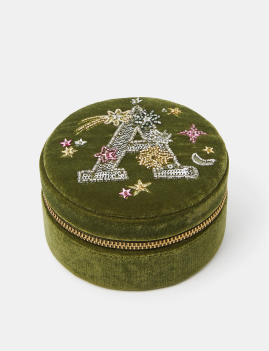 Round Initial Velvet Jewellery Box Green